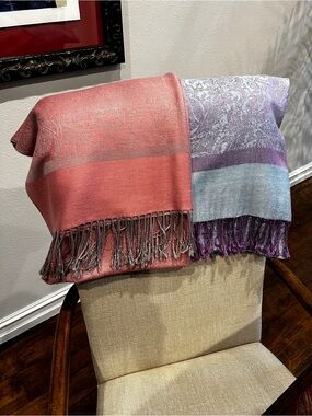 Two Shawl/Pashmina/Scarves Pink w/Grey & Blue w/Lavender